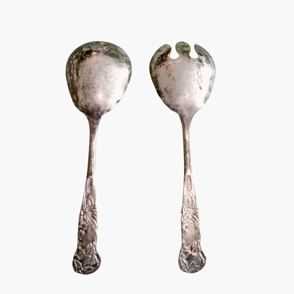 W A Italy Silverplated Salad Serving Spoon Fork Floral Design Wedding Elegant - Picture 3 of 7